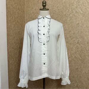 VTG 70s Retro White & Black Ruffle Collar Edwardian Prairie Tuxedo Style Top